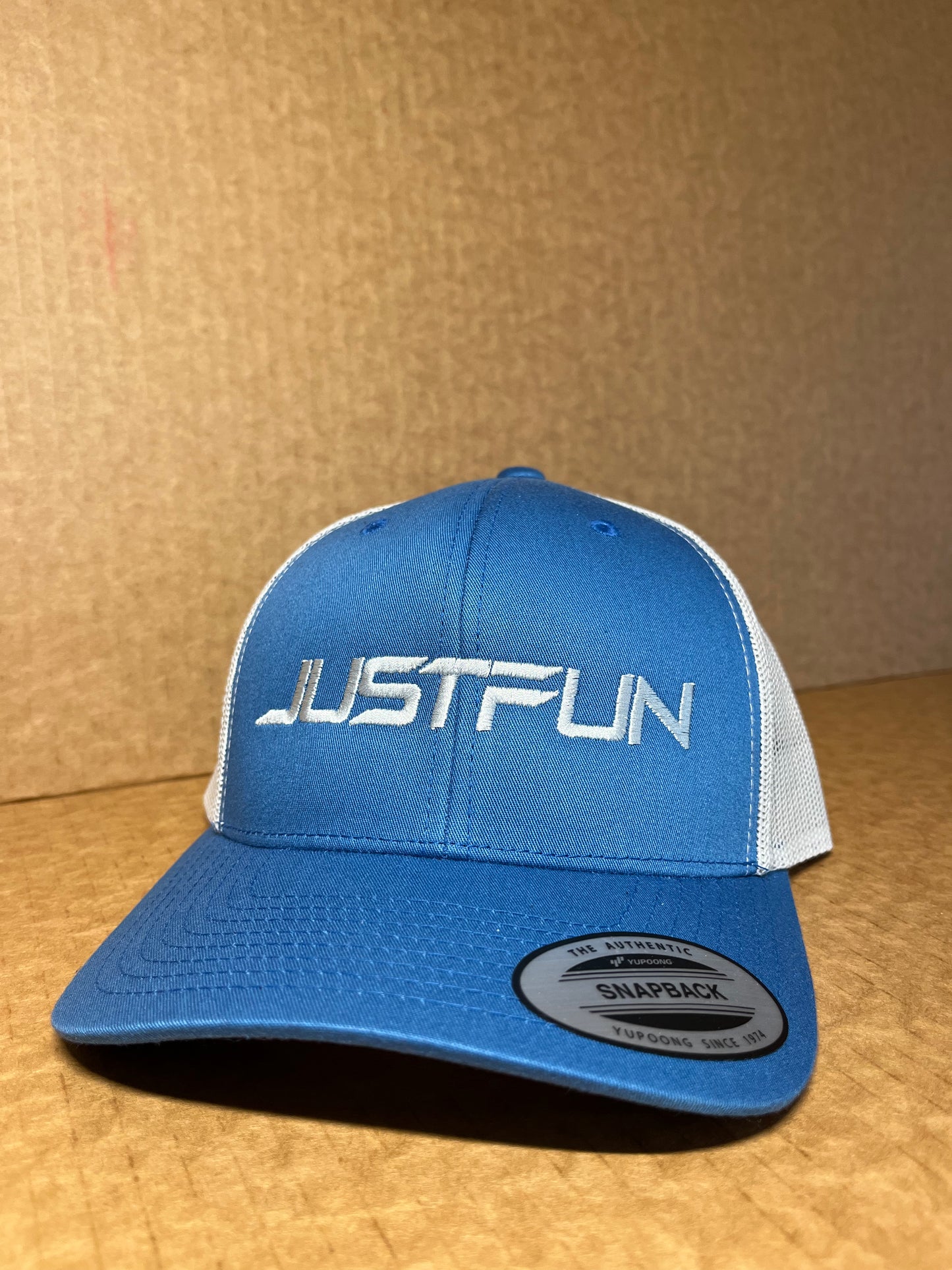 JUSTFUN Trucker Hat Rounded Embroidered Sharp Light Blue/White